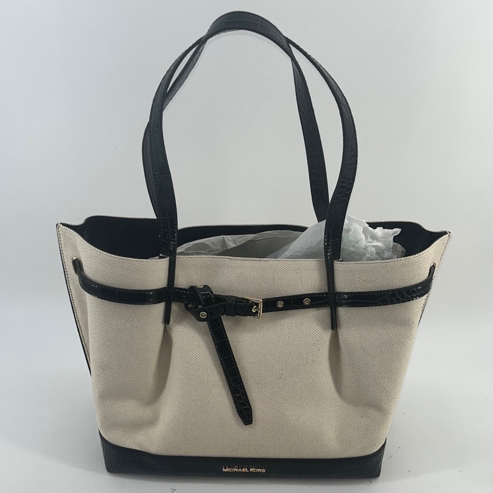 Michael Kors Emilia Large EW Tote Bag Black Trim Canvas Designer Purse